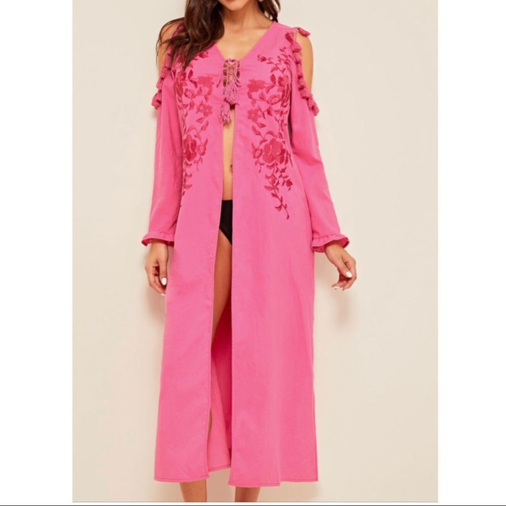 Pink Embroidery Tassel Kimono